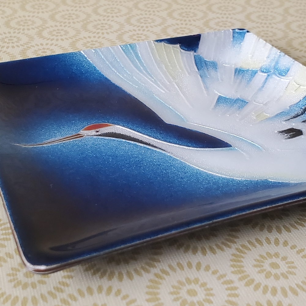 Stunning Vintage Japanese Stork Tutanka Enamel Tray Dish Kitakyushu Schippo Yaki - Picture 3 of 6